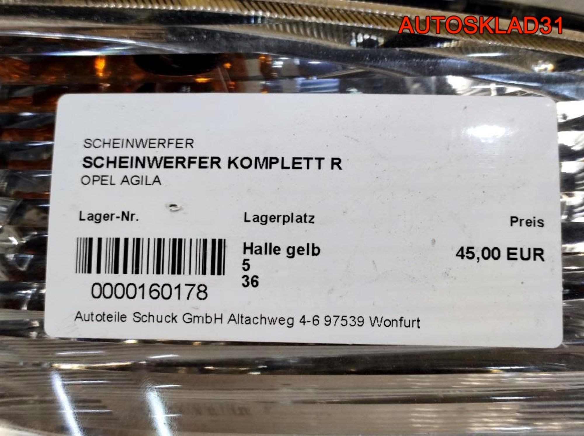 Фара правая для Opel Agila A 9199349, 7000 рублей, Дубовое